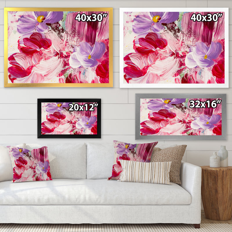 Fleurs abstraites rouges et mauves - peinture sur toile, Cadre noir, H 25,5 po x l 33,5 po x P 1 po