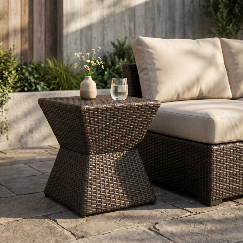  Pasternak Contemporary Coastal PE Wicker Outdoor End Table with Geometric Design for Patio, Poolside & Garden