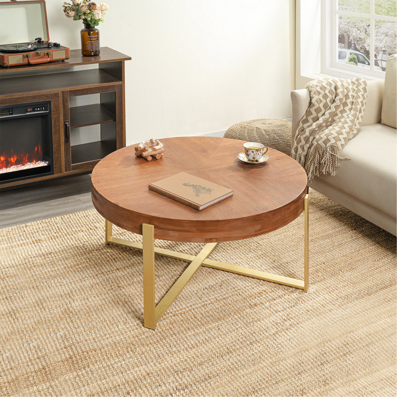 Table basse 33,86 po d'épaisseur rétro moderne avec plateau en bois de sapin et pieds croisés, Brun, Doré