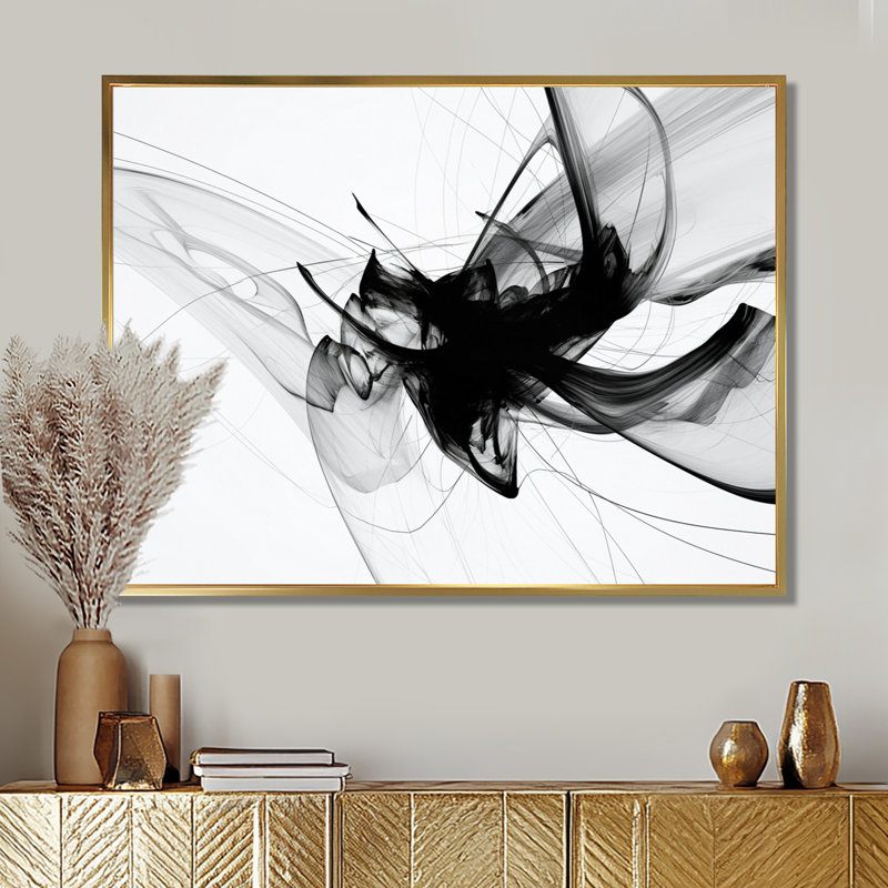 Reproduction d'art mural abstrait monochrome noir et blanc, Toile avec cadre flottant or, H 34 po x l 44 po x P 1,5 po