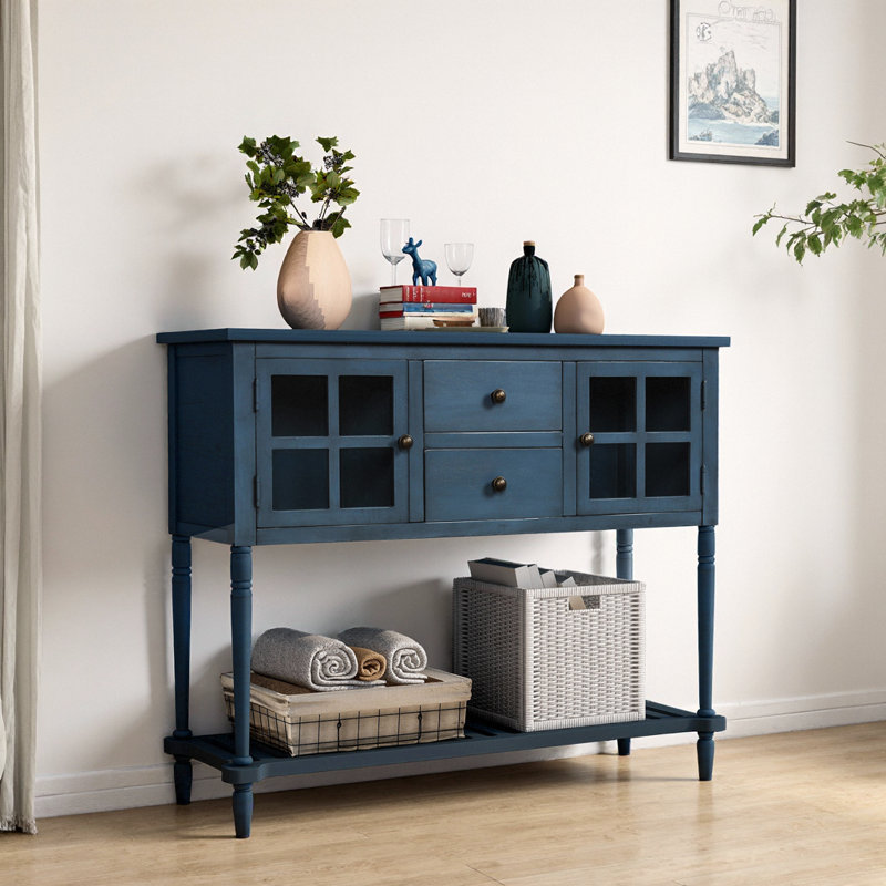 Console 42 po avec armoires en verre et tiroirs de rangement Farmhouse, Bleu marine antique