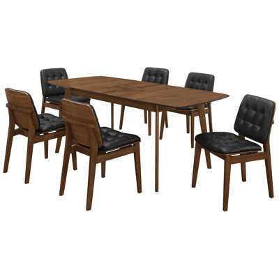 7, Dining , Rectangular Shape, Natural Walnut Table, Reverse Beveled Edge, Tapered Legs, Black Seated Chairs, Extendable, Butterfly Leaf, Big Meals Re