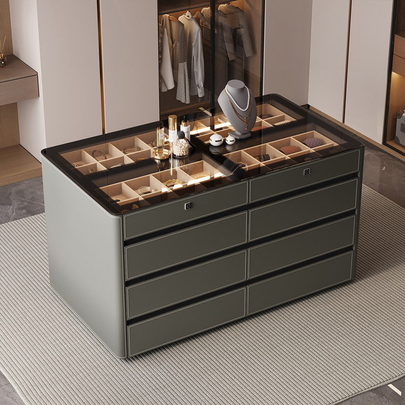Comptoir rectangulaire en verre trempé transparent de 59,06 po, surface d'armoire en cuir gris, armoire de rangement pour bijoux