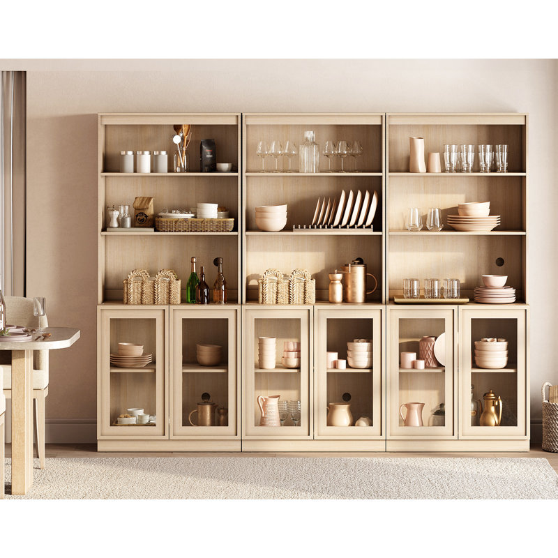 Buffet en bois de 240 cm de large avec portes vitrées et étagères réglables, meuble de rangement de 183 cm de haut pour salle à manger et cuisine