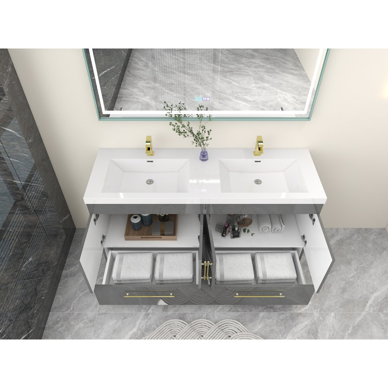 Meuble-lavabo double autoportant Carliss, Gris lustré