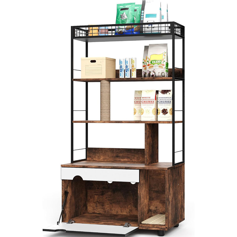 Mobilier moderne pour litière avec étagère de rangement à 4 niveaux, meuble dissimulé pour litière avec griffoir et tapis rembourré, niche intérieure peu encombrante, brun vintage