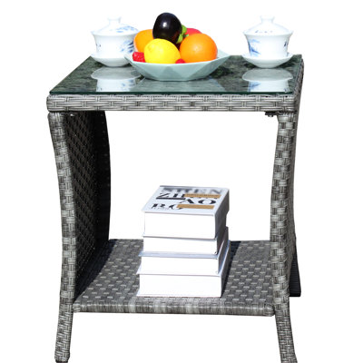 Outdoor Grey Tempered Glass Coffee Table, 19.71X19.71X21in, & Water Resistance, Assembly Table With Weave And Glass, Assemble