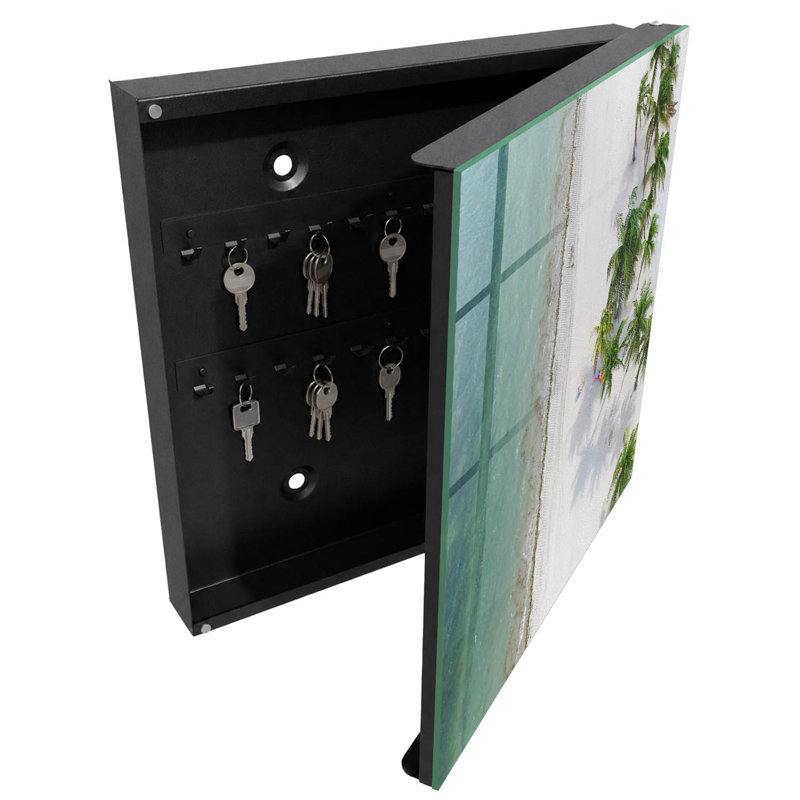 Wall mounted key box, Opens to the right, 30x30x5, White, Palm trees over a white beach next to blue water, 