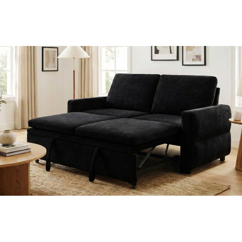 Canapé-lit convertible avec dossier réglable à 3 positions, ports USB pour petits espaces, Chenille noir