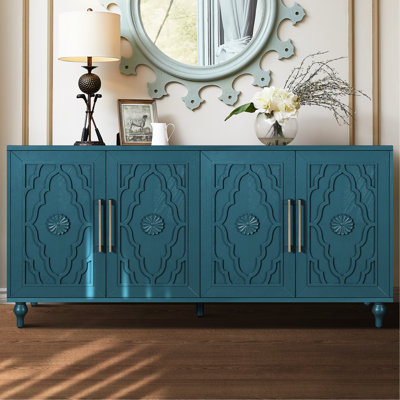 Large Storage Cabinet With Metal Handle & Artistic Flower Doors For Home - Navy Blue Door Adjustable Shelves