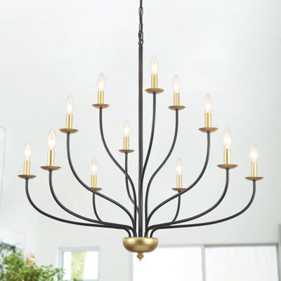 Lustre classique / classique à 3 lumières à 3 niveaux noir / doré Gurpriya 12 lumières de style bougie avec douilles E12 en forme de bougie pour entrée, salle à manger, salon, cuisine - l 35,94 po x H 74,8 po