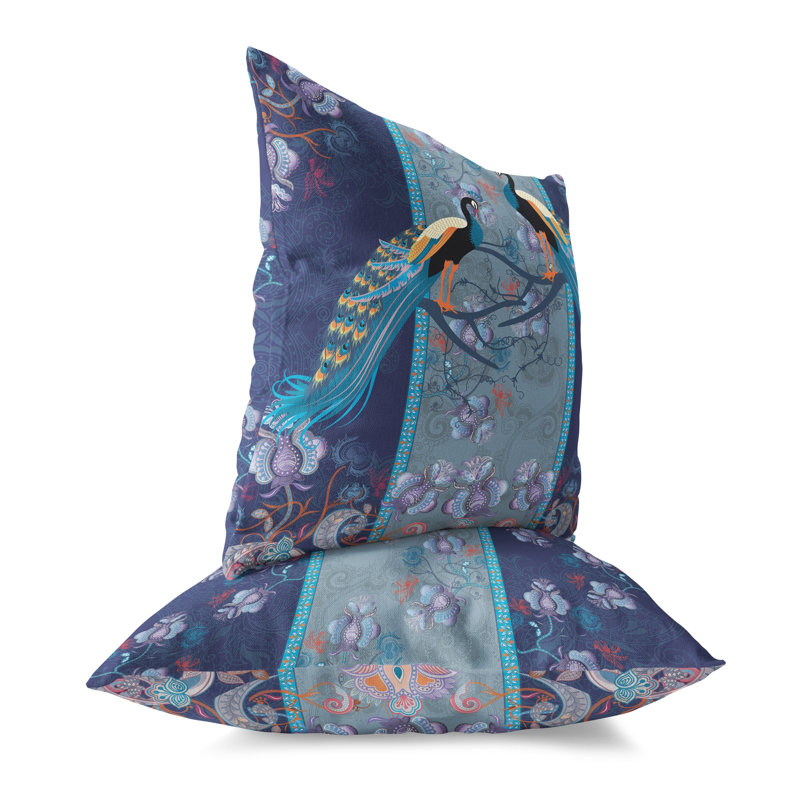 Indigo Blue Peacock Floral Square Outdoor Throw Pillow