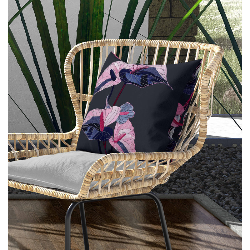 Coussin intérieur / extérieur Anthurium Bloom, Rose / Gris, Carré 16 po