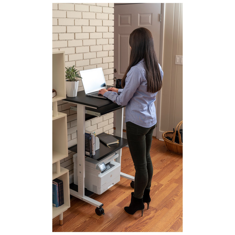 White Adjustable Height Standing Desk with Keyboard Tray and Printer Shelf