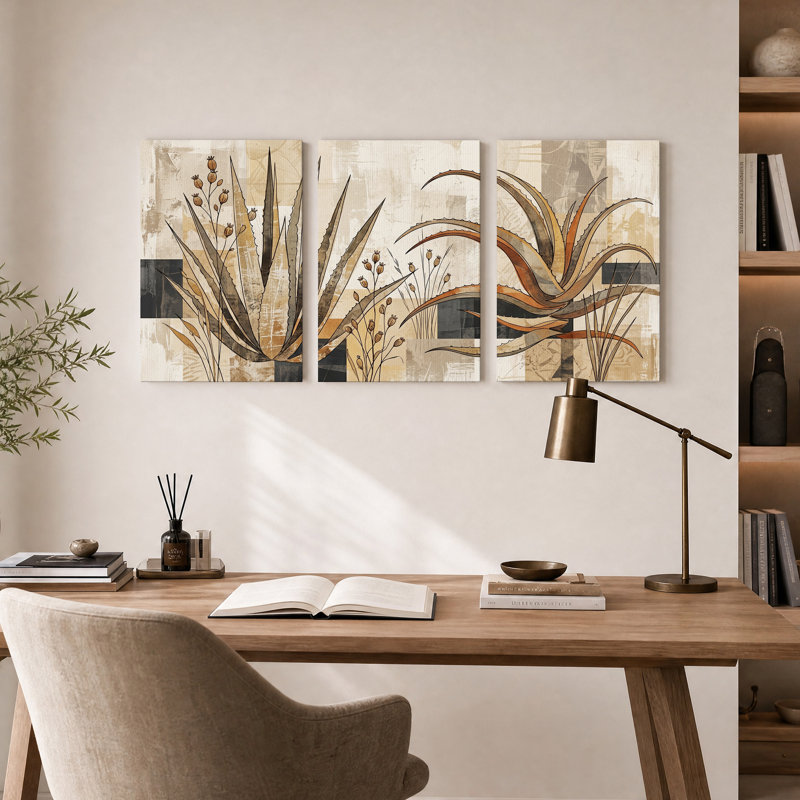 Ensemble de 3 toiles murales géométriques représentant des agaves rouille et beige, 30"H x 20"W x 3pcs