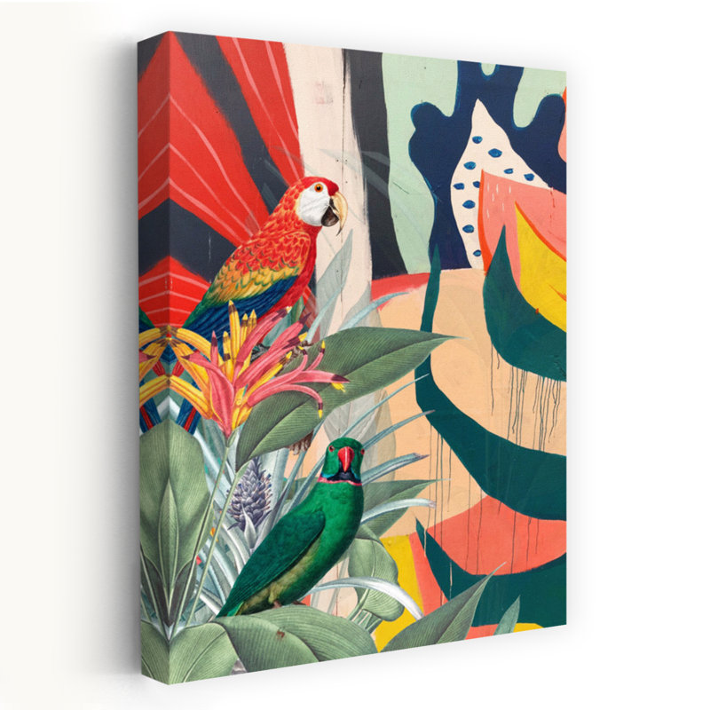 Vibrant, perroquets tropicaux abstraits, coloré, oiseau moderne, nature, impression murale, 36" H x 24" W
