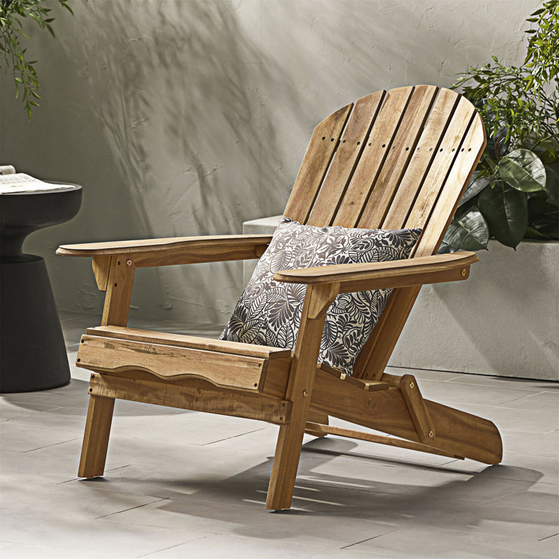 Folding Adirondack Chair Outdoor Wooden Accent Furniture Fire Pit Lounge Chairs,Foldable Design For Patio & Garden Relaxation With Slatted Back & Wide Armrests- Teak Finis