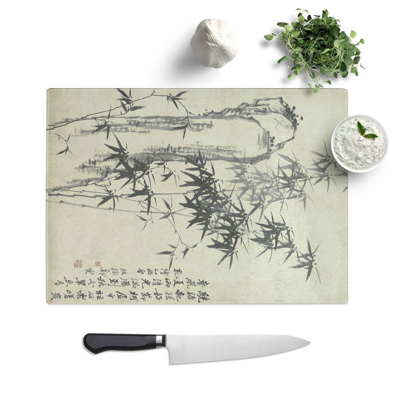 Tempered Glass Bamboo Plant and Rock Chopping Board, 39 cm W x 28.5 cm L