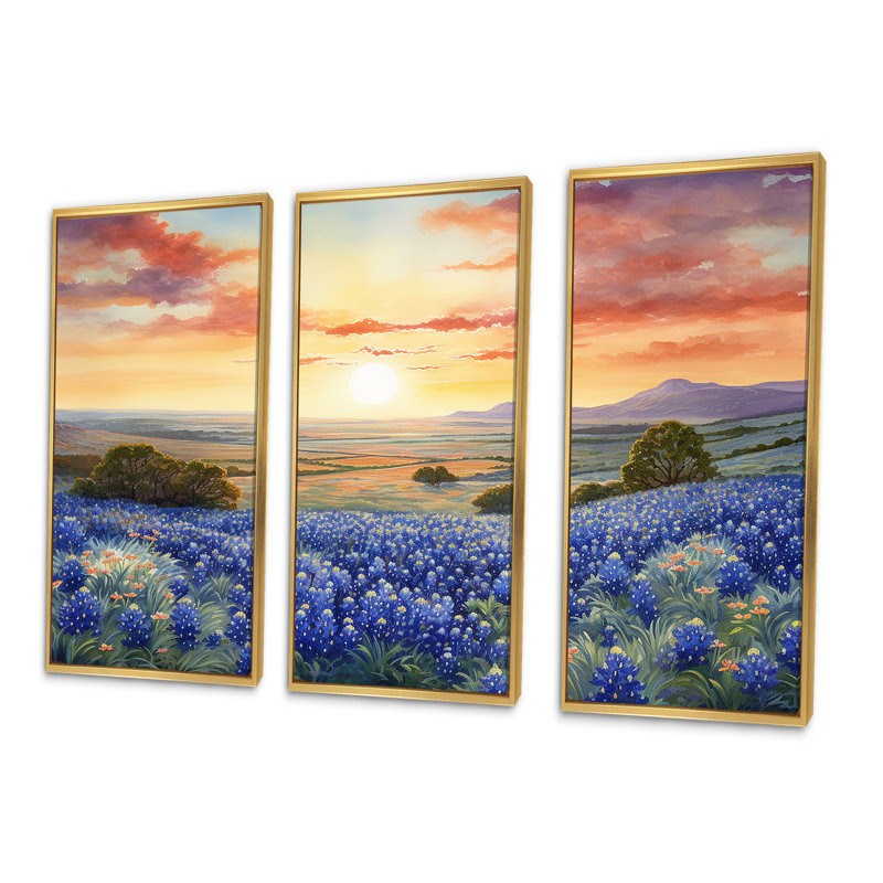 Blue Bonnets Sunset II - ensemble de décorations murales Blue Bonnets, Cadre flottant doré, H 40 po x l 60 po x P 1 po