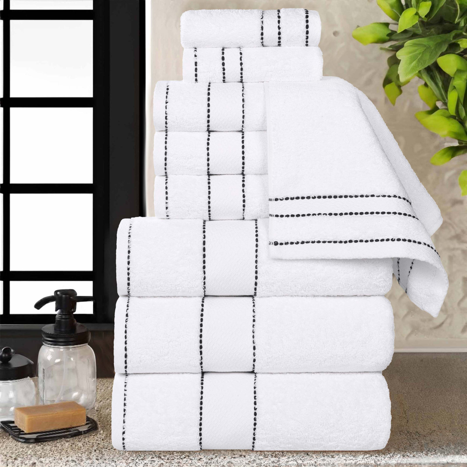 Niles 9 Piece Egyptian Giza Cotton Towel Set, White/Black