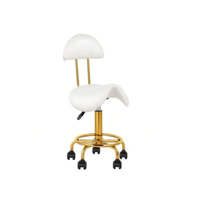  Saddle Chair Rolling Swivel Chair With Soft Comfortable Cushion And Wheels Hydraulic Stool For Home Office Tattoo Salon Shop Use White With Backrest(goldwhite)