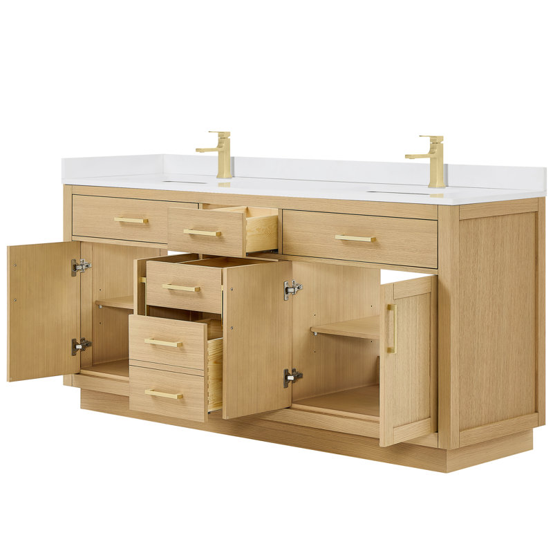 Ensemble de meuble-lavabo double 72 po Beckett, Marbre de culture de Carrare, Chêne foncé, Or brossé
