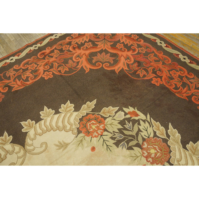 Large Room Size Ivory Center Antique European Influence Floral Patterned American Hooked Carpet