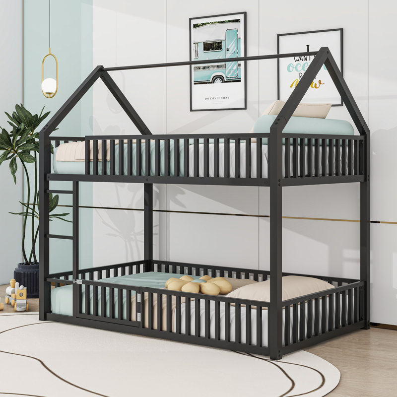 Twin over Twin Bunk Bed With Railings And Door, Black