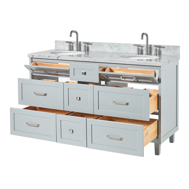 Ariel Monrow 61 Inch Double Oval Sink Bathroom Vanity With Italian Carrara Marble Countertop, Gray