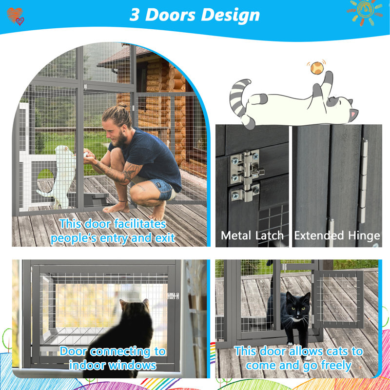 Bois gris - 2 plateformes de saut et 7 maisons pour faire la sieste pour chats heureux, grand chat d'extérieur en bois massif, plateformes, maisons, finition