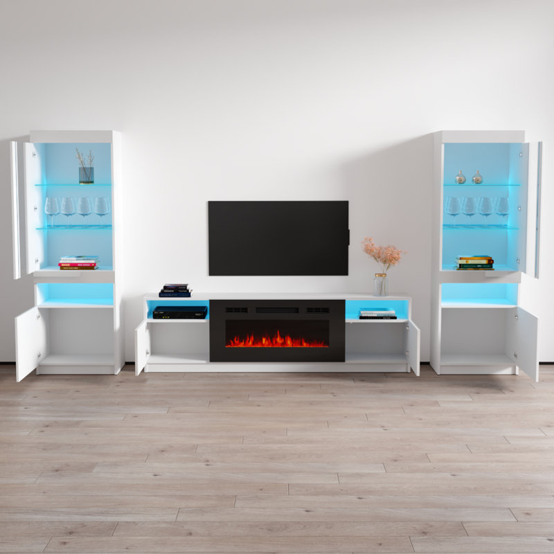 Delaine 126" Modern Entertainment Center with Electric Fireplace, High Gloss Finish, Media Storage, White/Black