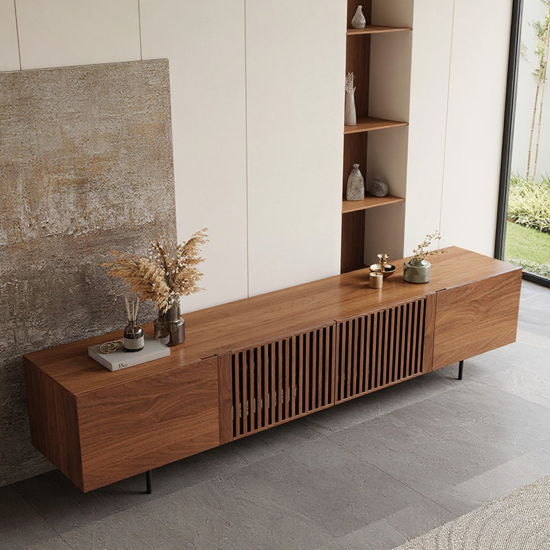 Meuble télé Mid-Century moderne avec portes à lattes et 4 compartiments intérieurs, H 21,65 po x L 94,48 po x l 15,75 po