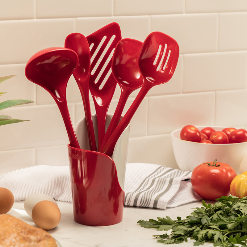 Plastic Oval Utensil Crock, Red/White