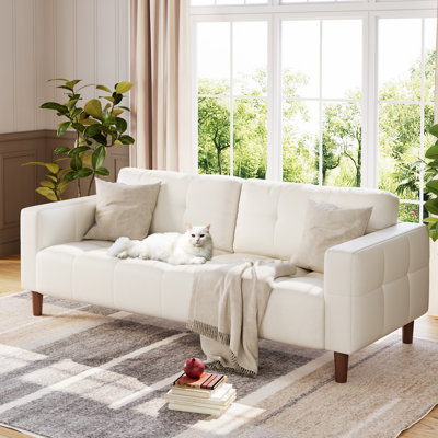 Oversized Mid-Century Modern Loveseat with Back Cushion & Wide Arms, 83" Faux Leather 3-Seater Sofa for Living Room or Office, Beige