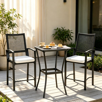 Ensemble de mobilier d'extérieur, ensemble de conversation pour bar 3 pièces en osier PE, table de bar et chaises avec coussins moelleux à structure en acier toutes saisons, repose-pieds pour patio, assemblage requis