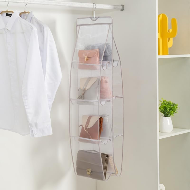 1 Pack Hanging Handbag Purse Organizer For Closet, Hand Bag Organizer Holder 8 Pockets, Space Saving Wardrobe Purse Storage Organizer , 46 L X 13.8W (A-Gray)