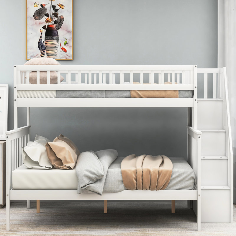 Lit superposé simple au-dessus d'un escalier double, construction en pin blanc et lit de rangement solide avec tablette, pour répondre aux besoins