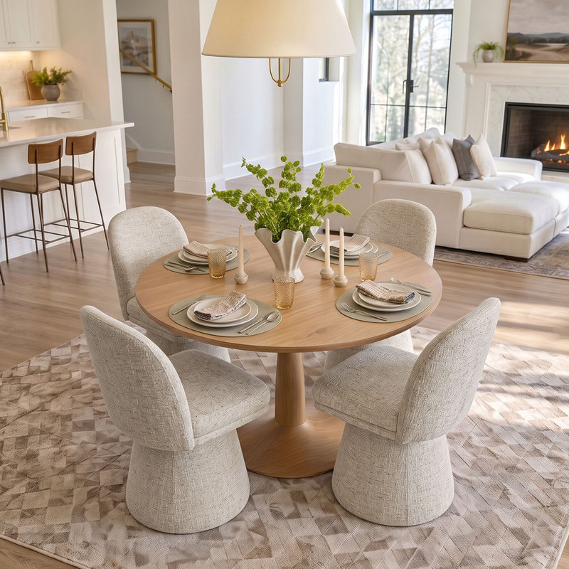 Ensemble de table de salle à manger pour 4 personnes avec table ronde et 4 chaises pivotantes rembourrées en tissu, Oatmeal