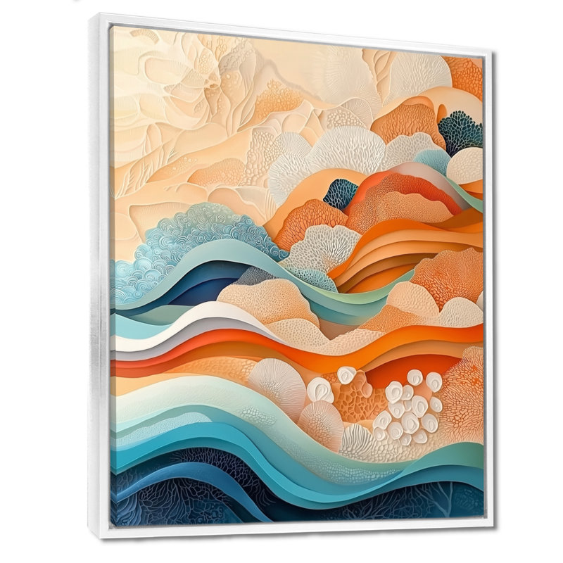 «Omeir Orange Transitional Spriral Oceanic Waves I», art mural encadré, H 32 po x l 16 po, Reproduction avec cadre flottant