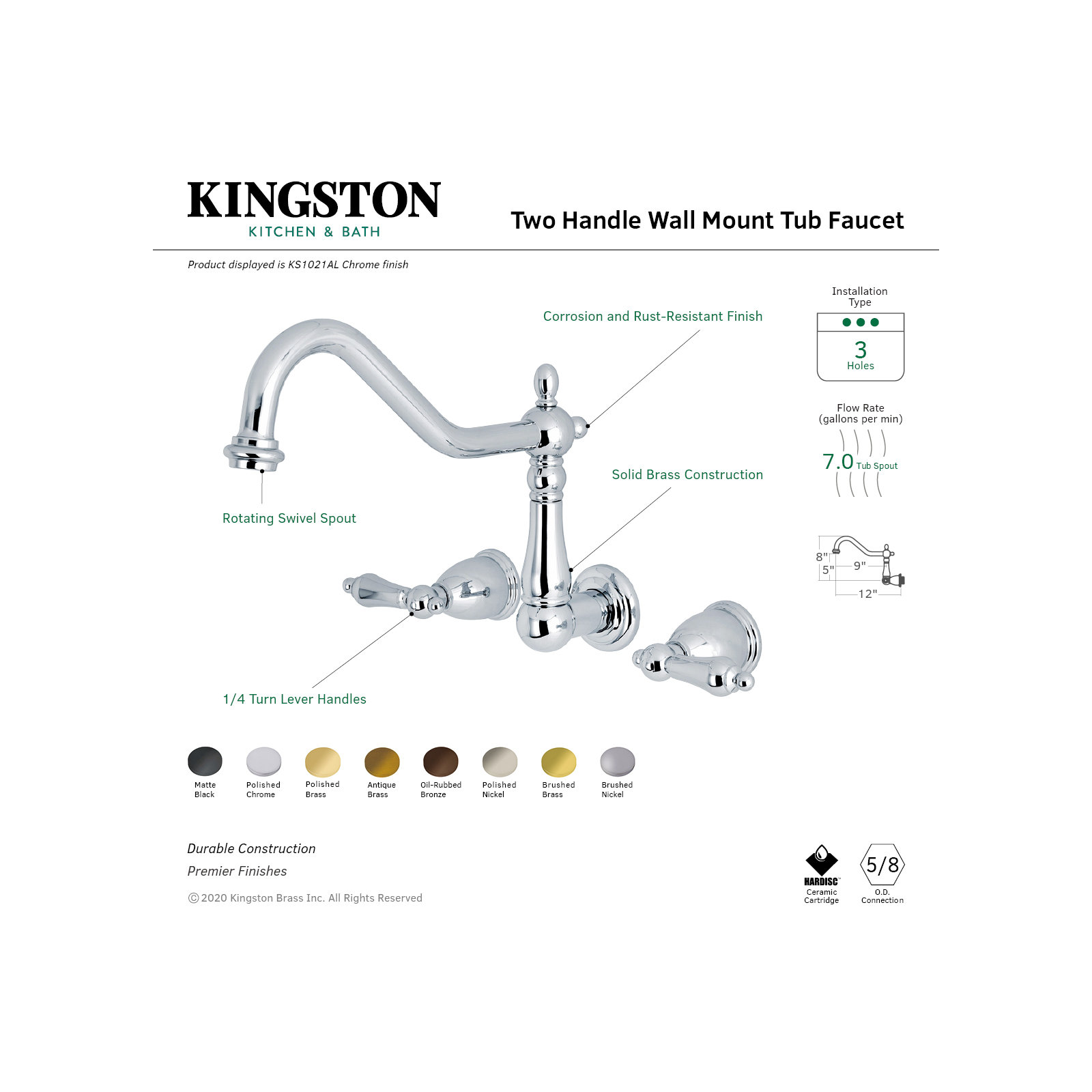 Kingston Brass Heritage Two-Handle 3-Hole Wall Mount Roman Tub Faucet, Brushed Nickel