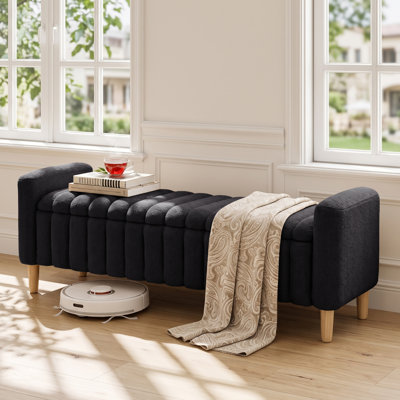 Banc de rangement rembourré à rayures verticales 63 pouces 63 pouces, banc de rangement rabattable avec accoudoirs, pieds robustes en bois d'hévéa, banc décoratif pour le salon de la chambre à coucher