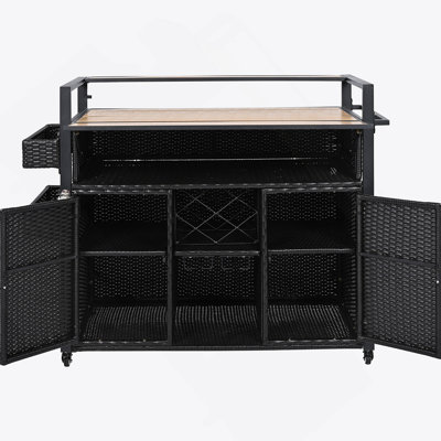 52.8"W Wicker Outdoor Grill Cart With Extended Plastic Wood Table Top, Rolling Kitchen Island On Wheels With Storage Cabinet, For Patio Backyard Garden Poolside, Double Handle Design, Black Brown