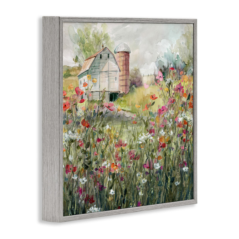 «Vibrant Meadow & Barn Gray», estampe numérique par Carol Robinson, H 17 po x l 17 po x P 1,5 po, Estampe numérique Farmhouse