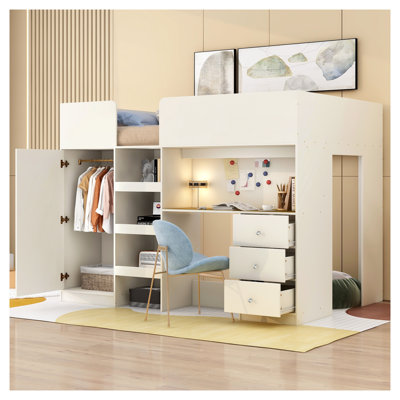 Wood Full Size Loft Bed with Built-in Wardrobe, Desk & Drawers – Beige Space-Saving Bedroom Furniture for Kids & Teens
