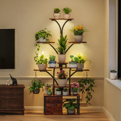 63" Tall Metal Frame Plant Shelf for Indoor Plants, 10-Tier Plant Stand with Grow Lightswith Hidden Drawer