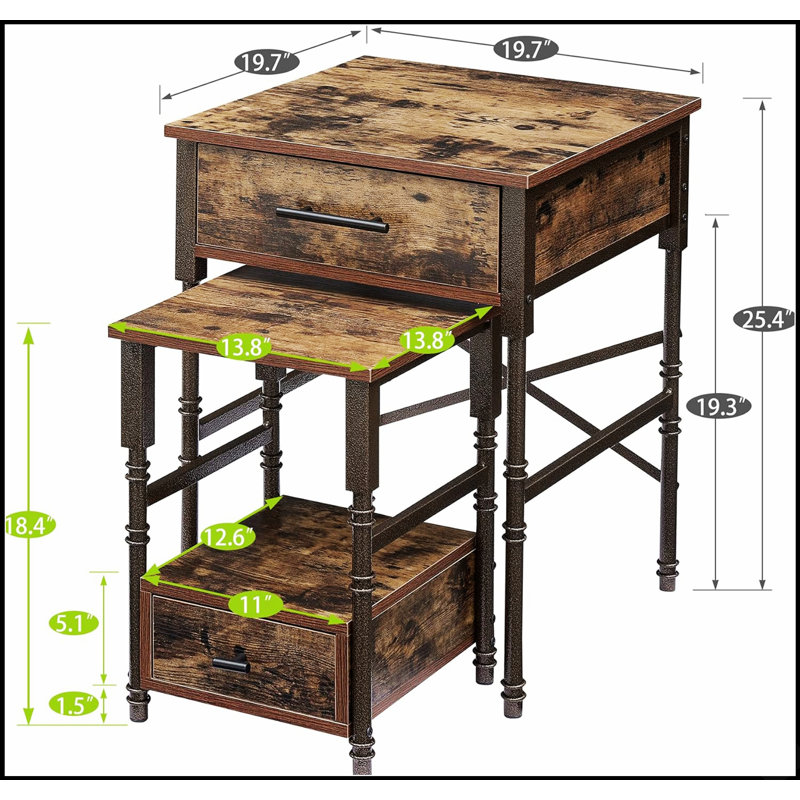 Tables de bout gigognes avec tiroirs, structure en métal et plateau en bois, parfaites pour le salon et l'organisation de la chambre à coucher