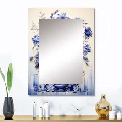 Bleu et blanc Boho Plant Pottery II - miroir unique de poterie Boho