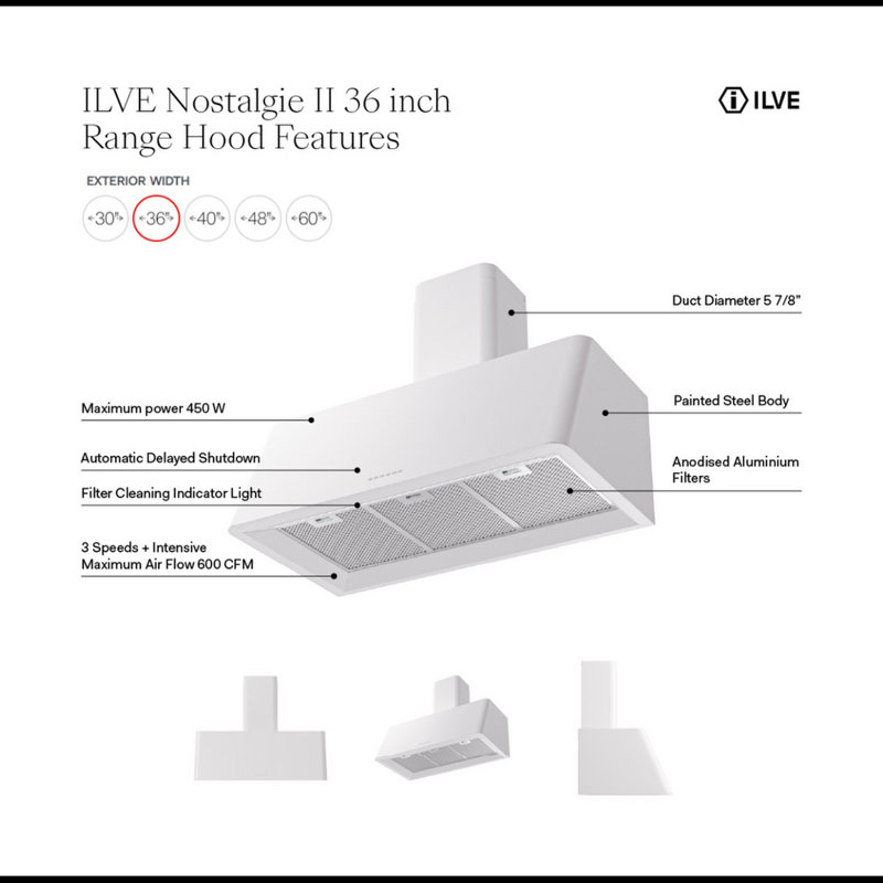 ILVE Nostalgie II Series 36 in Wall Mount Range Hood with 600 CFM, Ral Classic, 36"