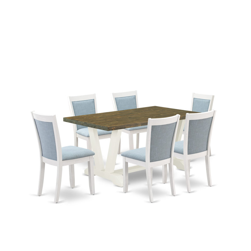 Table de salle à manger 7 pièces avec table et 6 chaises en lin massif brossé, Bleu pastel