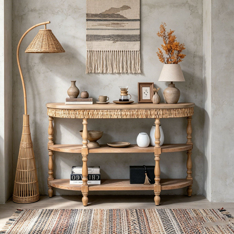 Console en bois fabriquée à la main avec garniture tissée à la main, tablettes de rangement à 3 niveaux